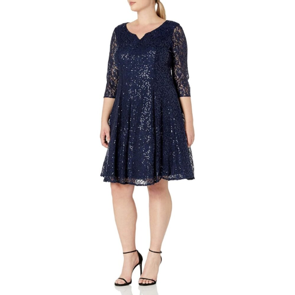 NWT SLNY Womens Navy Lace Sequined 3/4 Sleeve Knee-Length A-Line Dress PLUS 14W